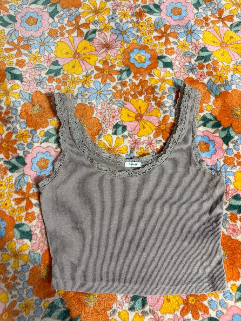 Garage Taupe Ribbed Lace-Trim Crop Tank
